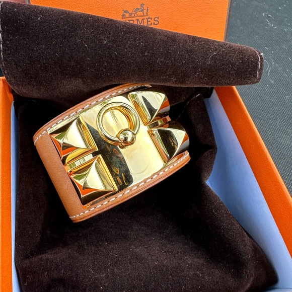 🆒 Authentic Hermès Collier De Chien Cuff Bracelet gold plated hardware leather - Picture 3 of 16